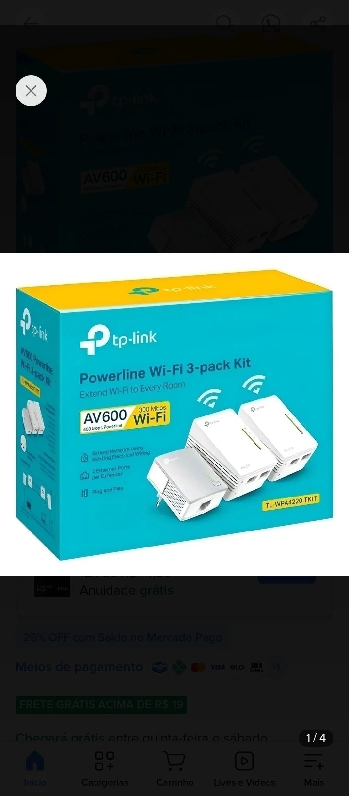 Kit Powerline Wi-Fi TP-Link TL-WPA4220 TKIT AV600 3 Unidades
