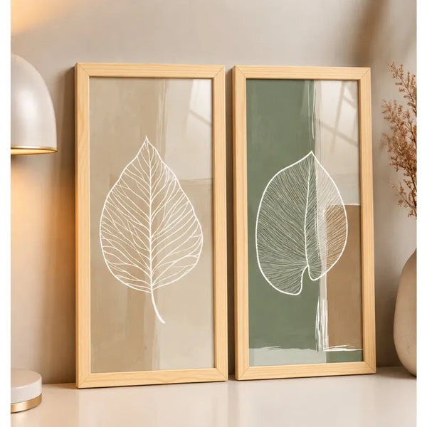 Kit 2 Quadros Decorativos Folhas Verdes Boho 48x22cm