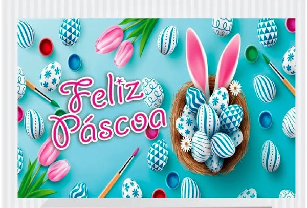 Painel Feliz Páscoa com Orelhas de Coelho 100x65cm