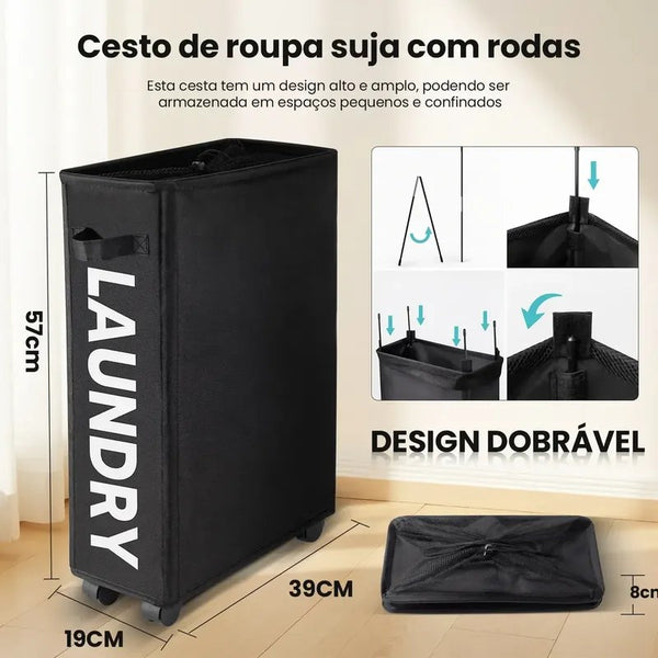 Cesto de Roupas Sujas Dobrável com Rodinhas 44L