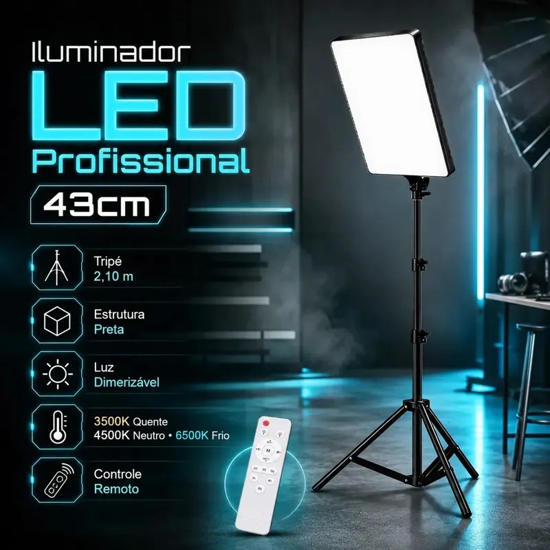 Iluminador LED Profissional 43cm com Tripé 2,10m
