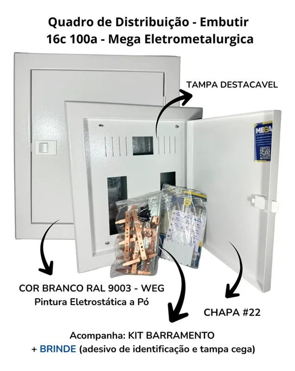 Quadro de Distribuição de Embutir Trifásico 16 Disjuntores 100A