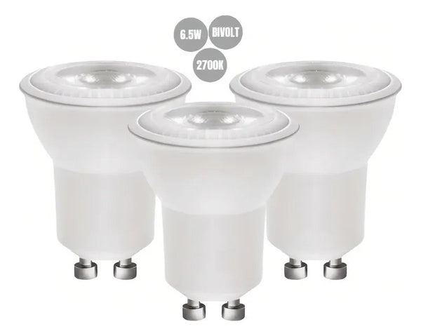 Kit 3 Lâmpadas LED Dicroica MR16 6,5W Bivolt Luz Quente