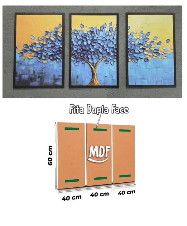 Trio de Quadros Árvore Azul