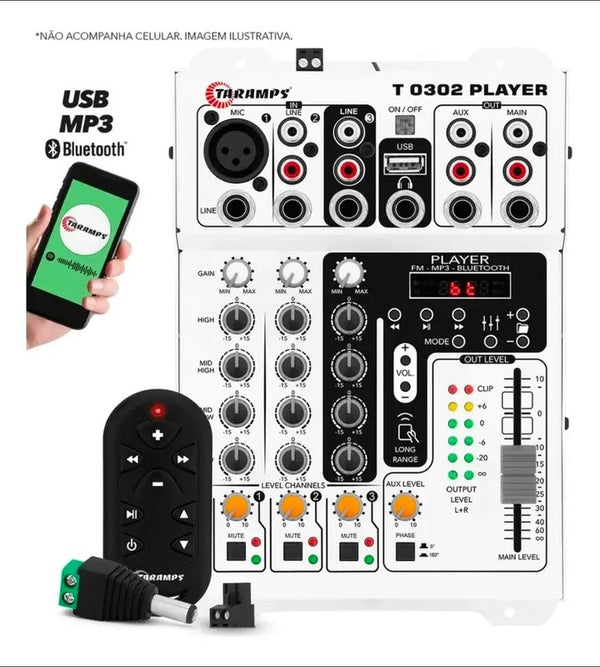 Mesa de Som Taramps T0302 Bluetooth 3 Canais 12V
