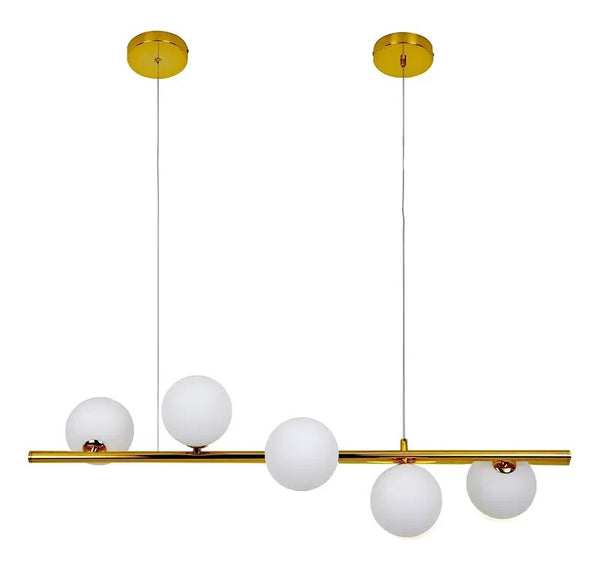 Lustre Pendente Jabuticaba 5 Globos de Vidro Dourado Bivolt