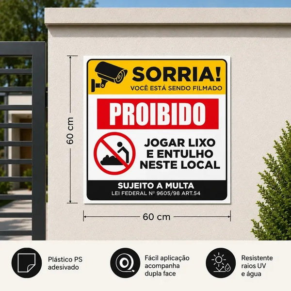 Placa Proibido Jogar Lixo e Entulho 60x60cm