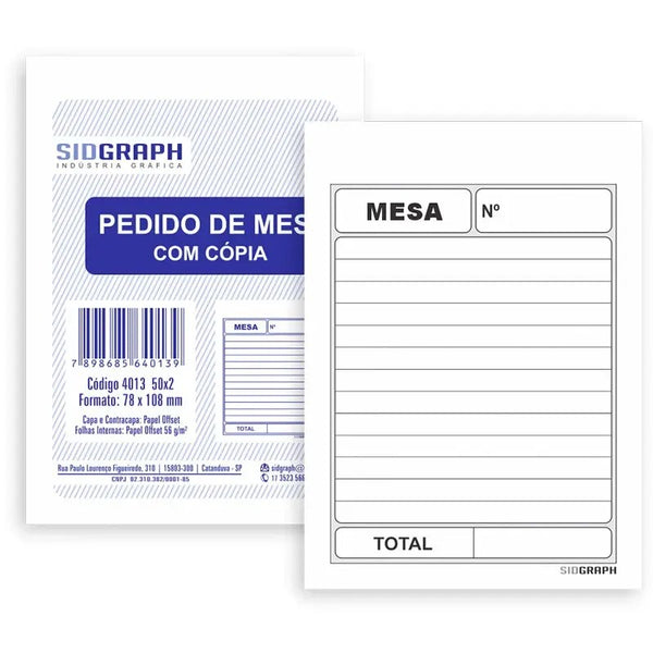 Kit 10 Blocos de Pedido de Mesa com Cópia Sidgraph
