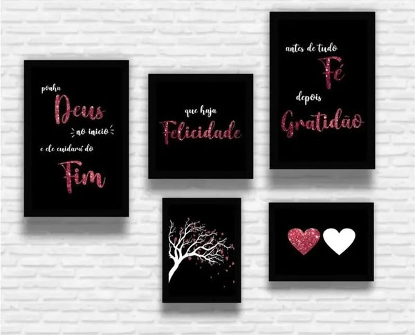 Kit 5 Quadros Decorativos MDF Deus, Fé e Felicidade