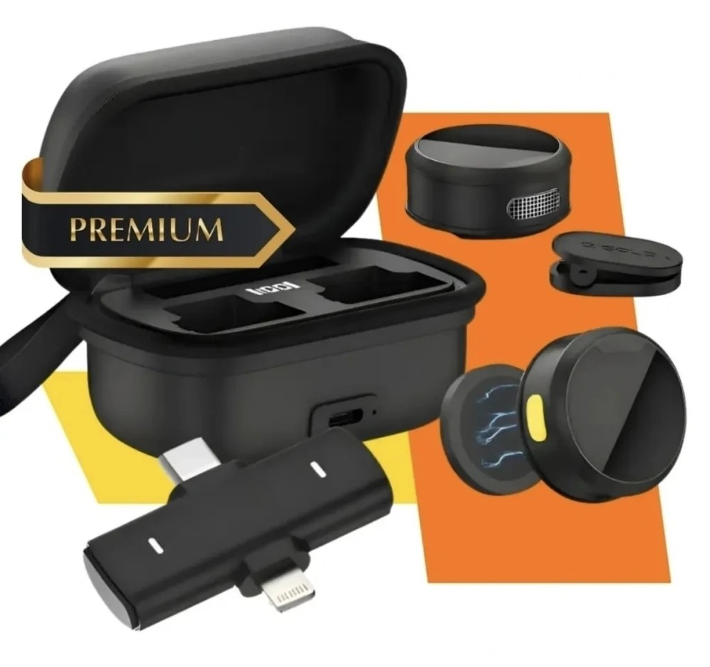 Microfone de Lapela Sem Fio Duplo com Case de Carregamento