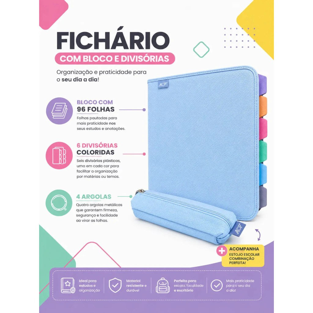 Fichário A4 com 4 Argolas, Zíper, Bloco e 6 Divisórias